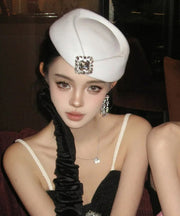 2025 New Style French White Zircon Woolen Beret Hat