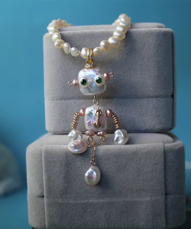 2025 New White Copper Alloy Pearl Robot Pendant Necklace
