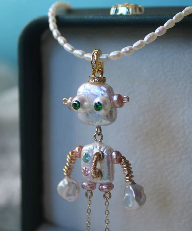 2025 New White Copper Alloy Pearl Robot Pendant Necklace