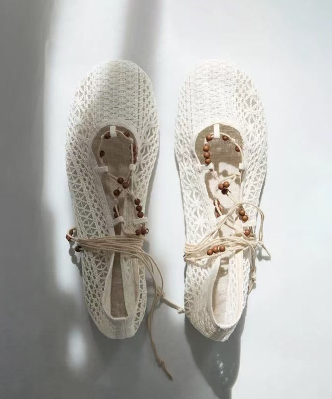 2025 New White Knit Fabric Lace Up Hollow Out Flat Shoes