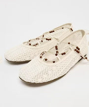 2025 New White Knit Fabric Lace Up Hollow Out Flat Shoes