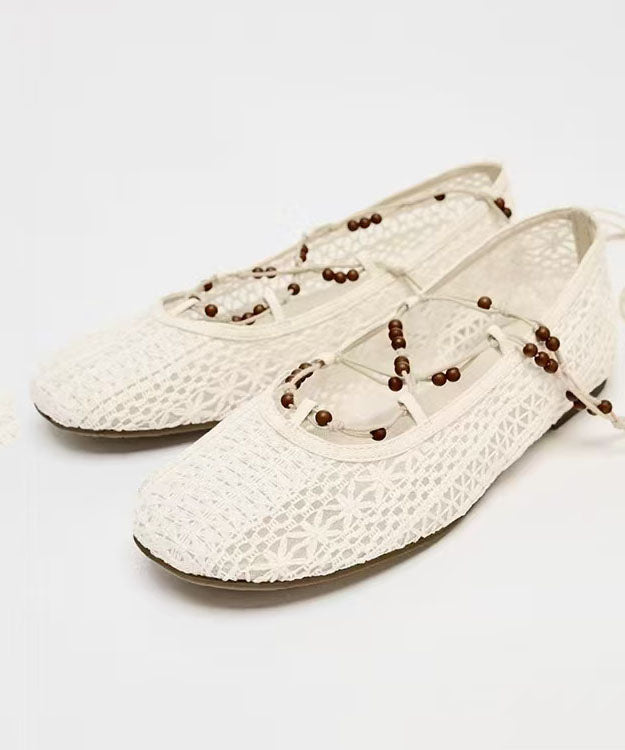 2025 New White Knit Fabric Lace Up Hollow Out Flat Shoes