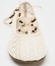 2025 New White Knit Fabric Lace Up Hollow Out Flat Shoes