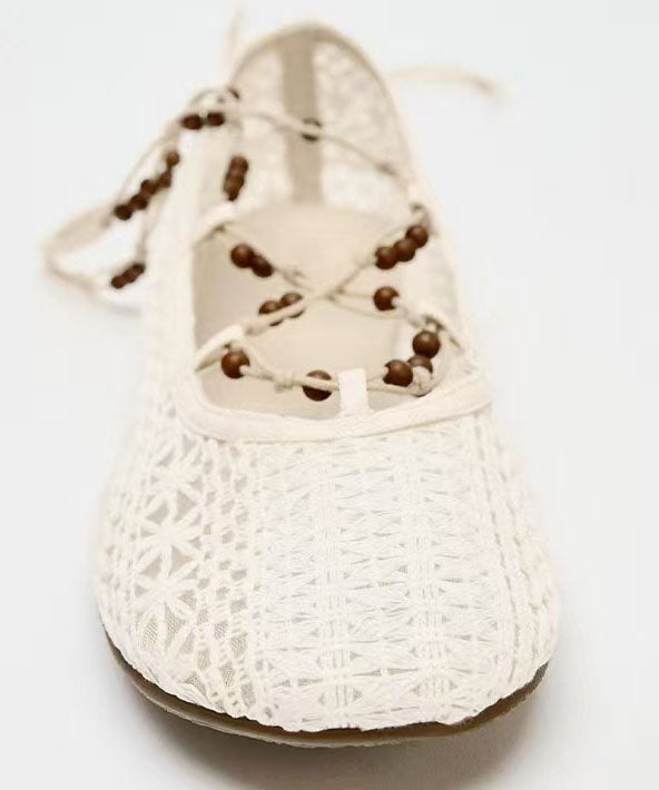2025 New White Knit Fabric Lace Up Hollow Out Flat Shoes