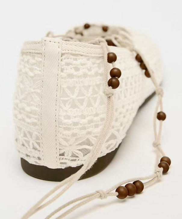 2025 New White Knit Fabric Lace Up Hollow Out Flat Shoes