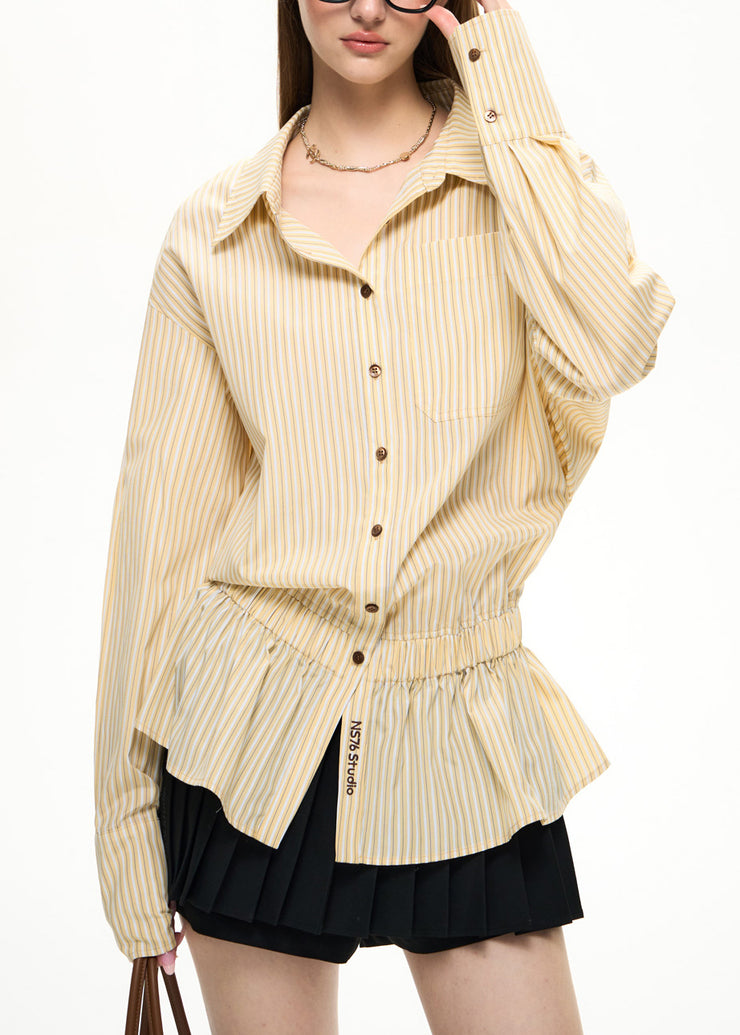 2025 New Yellow Embroidered Striped Elastic Waist Shirt Lantern Sleeve