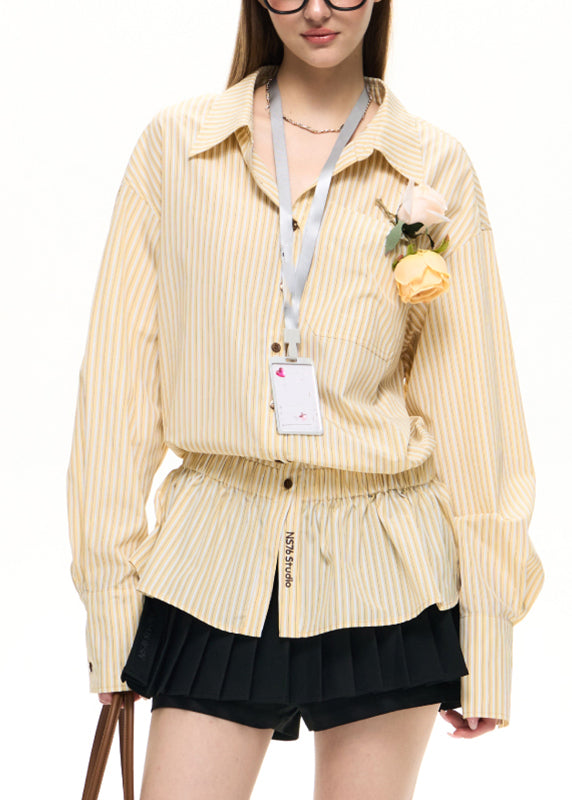 2025 New Yellow Embroidered Striped Elastic Waist Shirt Lantern Sleeve