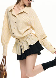 2025 New Yellow Embroidered Striped Elastic Waist Shirt Lantern Sleeve