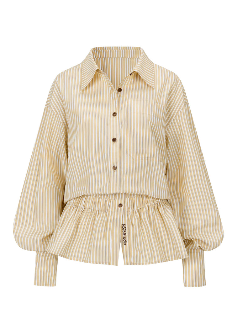 2025 New Yellow Embroidered Striped Elastic Waist Shirt Lantern Sleeve