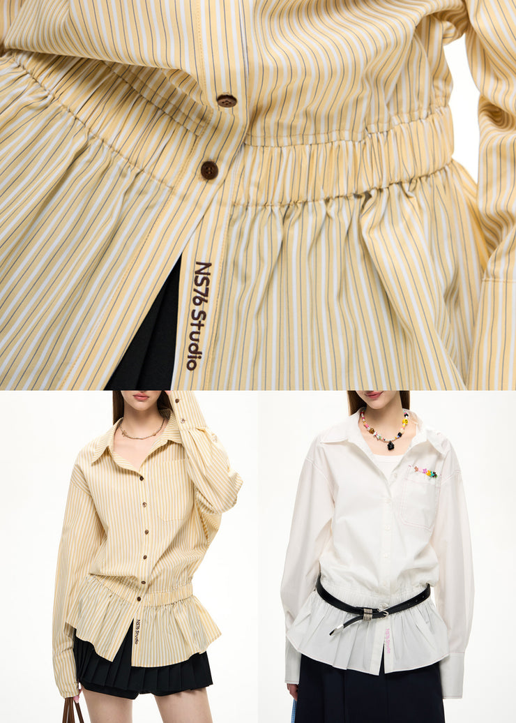 2025 New Yellow Embroidered Striped Elastic Waist Shirt Lantern Sleeve