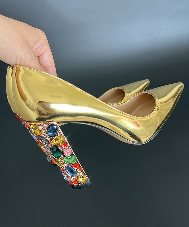 2025 New Zircon Gold Pointed High Heels Cowhide Leather