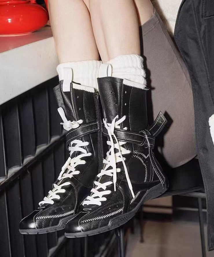 2025 Splicing Boots Black Faux Leather Lace Up