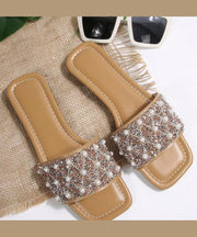 2025 Splicing Nail Bead Apricot Faux Leather Slide Sandals