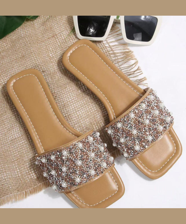 2025 Splicing Nail Bead Apricot Faux Leather Slide Sandals