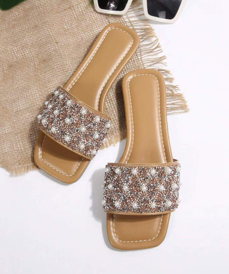 2025 Splicing Nail Bead Apricot Faux Leather Slide Sandals