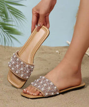 2025 Splicing Nail Bead Apricot Faux Leather Slide Sandals