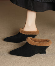 2025 Splicing Wedge Slippers Shoes Black Suede Fuzzy Wool Lined
