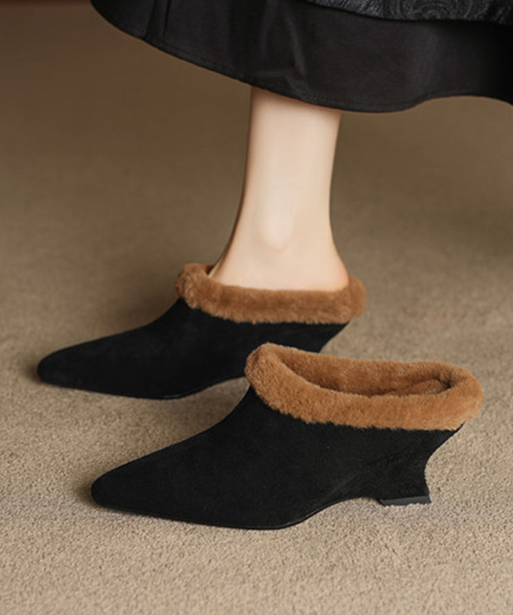 2025 Splicing Wedge Slippers Shoes Black Suede Fuzzy Wool Lined