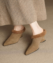 2025 Splicing Wedge Slippers Shoes Black Suede Fuzzy Wool Lined