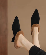 2025 Splicing Wedge Slippers Shoes Black Suede Fuzzy Wool Lined