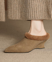 2025 Splicing Wedge Slippers Shoes Black Suede Fuzzy Wool Lined