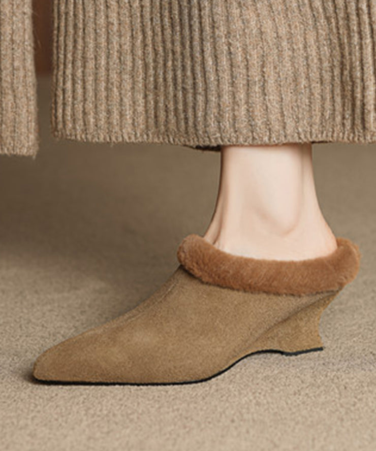 2025 Splicing Wedge Slippers Shoes Black Suede Fuzzy Wool Lined