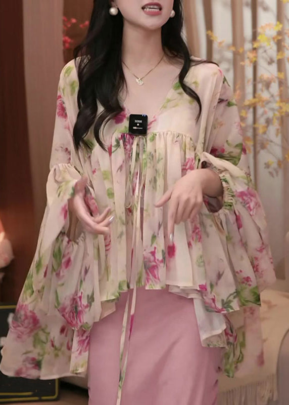 2025 Spring Sweet Printed Asymmetrical Lantern Sleeve Shirt Top