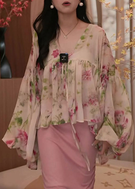 2025 Spring Sweet Printed Asymmetrical Lantern Sleeve Shirt Top
