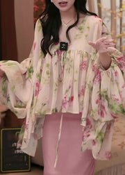 2025 Spring Sweet Printed Asymmetrical Lantern Sleeve Shirt Top