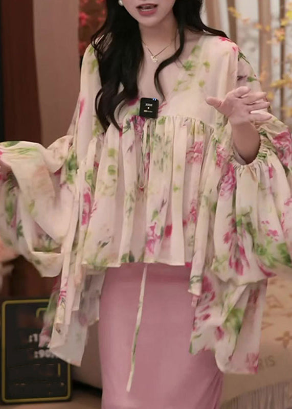 2025 Spring Sweet Printed Asymmetrical Lantern Sleeve Shirt Top