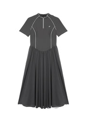 2025 Summer Dark Grey Stand Collar Wrinkled Splicing Dress