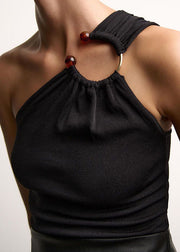 2025 Summer New Black Slim Knitted Asymmetric Top
