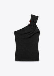 2025 Summer New Black Slim Knitted Asymmetric Top