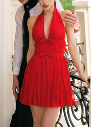 2025 Summer New Chiffon Halter Vneck Bow Red Dresses