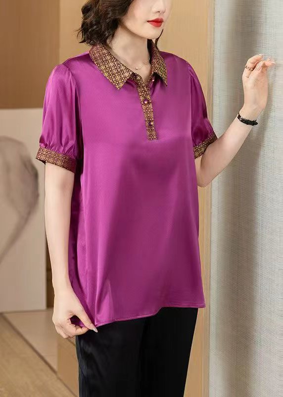 New Rose Print Button Patchwork Silk Tops Half Sleeve