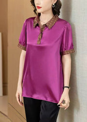 New Rose Print Button Patchwork Silk Tops Half Sleeve