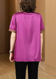 New Rose Print Button Patchwork Silk Tops Half Sleeve