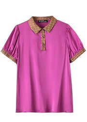 New Rose Print Button Patchwork Silk Tops Half Sleeve