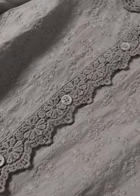 Handmade Khaki Pockets Button Embroideried Fall wrinkled Maxi Dresses Long sleeve