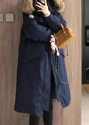 2026 New Navy Blue Patchwork Detachable Long Parka Long Sleeve