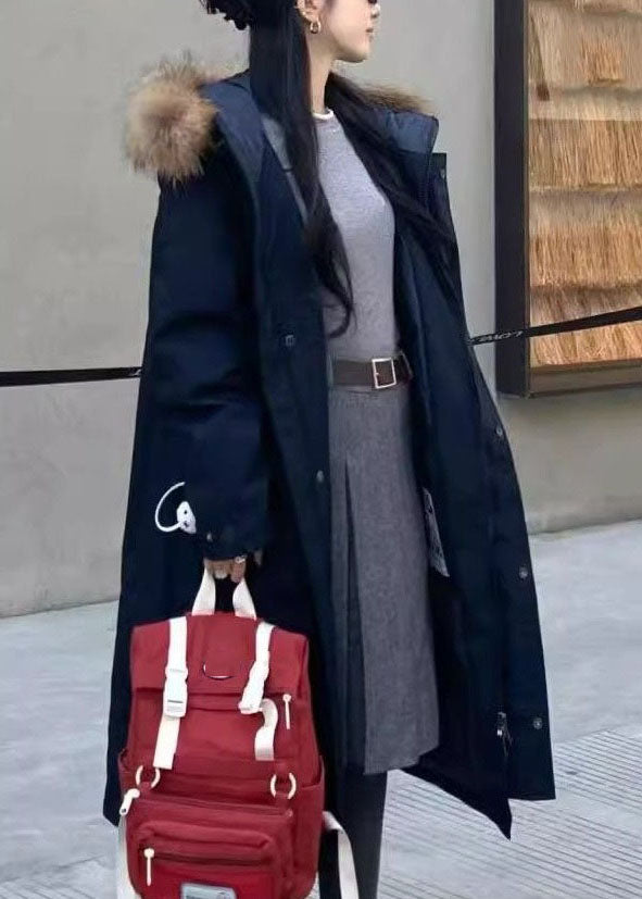 2026 New Navy Blue Patchwork Detachable Long Parka Long Sleeve