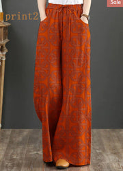 Orange-print2 Elastic Waist Linen Straight Pants Solid Color Drawstring Summer
