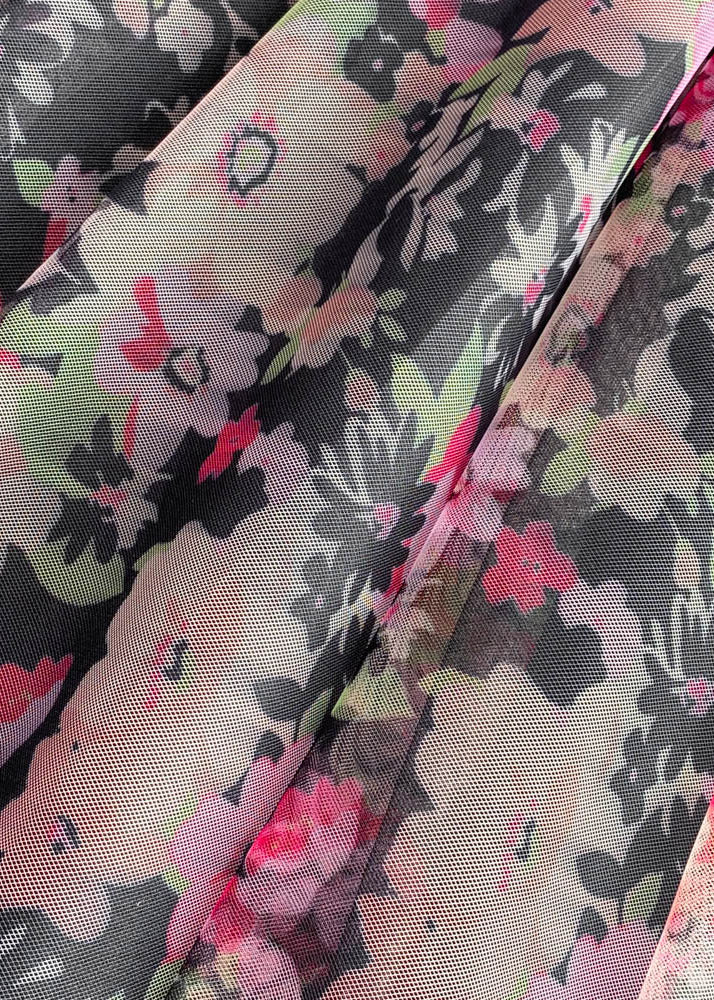 Grace Black Square Collar Print Tulle Patchwork Tunic Mid Dress Short Sleeve