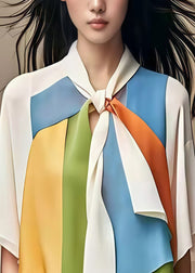 Stylish White Bow Patchwork Chiffon Shirt Half Sleeve