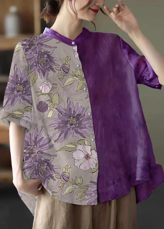 Elegant Purple flower Stand Collar Print Tops Half Sleeve