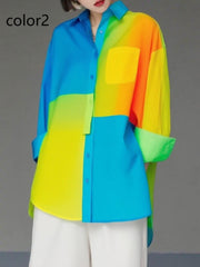 Unique Gradient Color1 Asymmetrical Design Side Open Cotton Long Shirts Spring