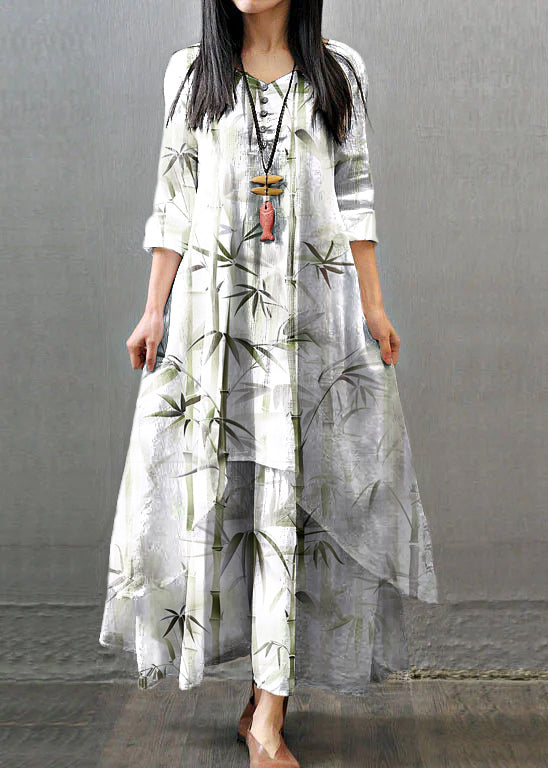 Women Long Sleeve Double Layers Button Asymmetric Vintage Maxi Dress