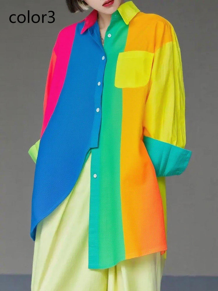 Unique Gradient Color1 Asymmetrical Design Side Open Cotton Long Shirts Spring