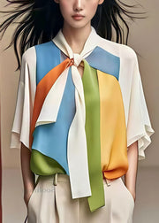 Stylish White Bow Patchwork Chiffon Shirt Half Sleeve