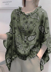 Art Black print Tops Ruffles Trim Half Sleeve Shirts Blouse Plus Size